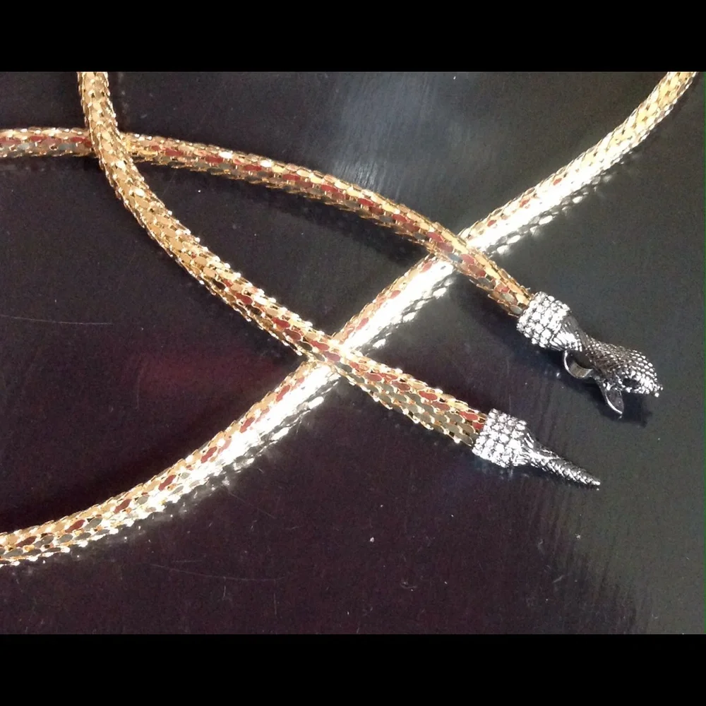 Gold Mesh Rhinestone Snake Belt Necklace